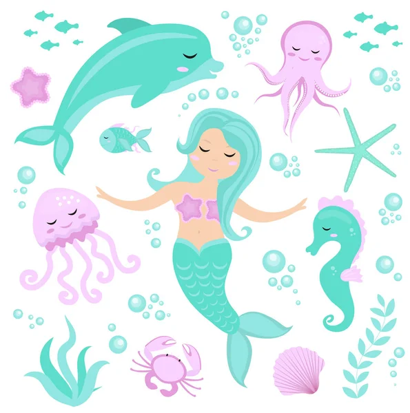 Lindo conjunto Sirenita y mundo submarino. Cuento de hadas princesa sirena y delfín, pulpo, caballitos de mar, peces, medusas. Bajo el agua en el mar mítica colección marina . — Vector de stock