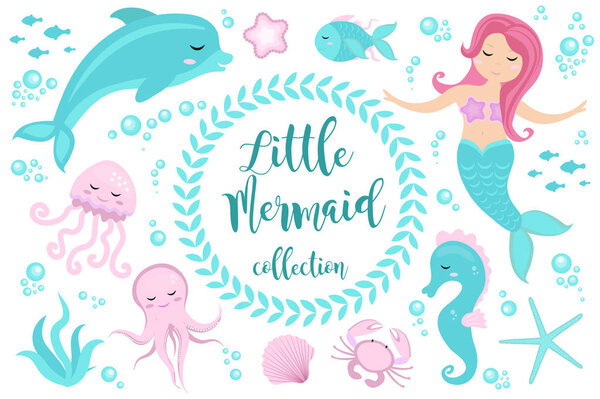 Cute set Little mermaid and underwater world. Fairytale princess mermaid and dolphin, octopus, seahorse, fish, jellyfish. Under water in the sea mythical marine collection.