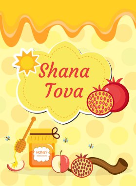 Rosh Hashanah posteri, el ilanı, davetiye, tebrik kartı. Shana Tova, geleneksel sembolleri olan bir tasarım şablonu. Yahudi tatili. İsrail 'de mutlu yıllar. Vektör illüstrasyonu.