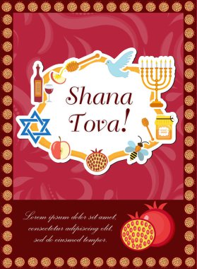 Rosh Hashanah posteri, el ilanı, davetiye, tebrik kartı. Shana Tova, geleneksel sembolleri olan bir tasarım şablonu. Yahudi tatili. İsrail 'de mutlu yıllar. Vektör illüstrasyonu.