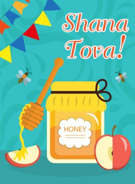 Rosh Hashanah posteri, el ilanı, davetiye, tebrik kartı. Shana Tova, geleneksel sembolleri olan bir tasarım şablonu. Yahudi tatili. İsrail 'de mutlu yıllar. Vektör illüstrasyonu.