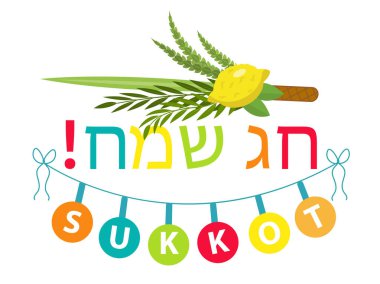 Mutlu Sukkot tipografisi, etrog, lulav, Arava, Hadas. Beyaz arka planda izole edilmiş. Vektör illüstrasyonu.