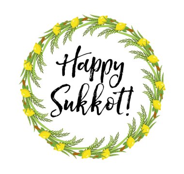 Mutlu Sukkot yuvarlak bitkileri. Yahudi tatil kulübelerinin şablonu etrog, lulav, Arava, Hadas. Beyaz arka planda izole edilmiş. Vektör illüstrasyonu.