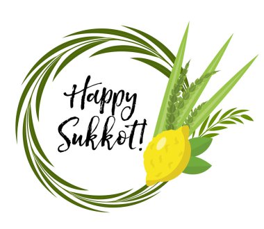 Mutlu Sukkot yuvarlak bitkileri. Yahudi tatil kulübelerinin şablonu etrog, lulav, Arava, Hadas. Beyaz arka planda izole edilmiş. Vektör illüstrasyonu.