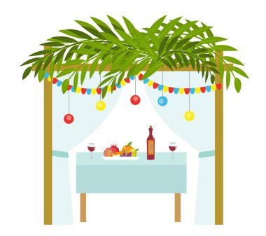 Sukkot tatili için Sukkah. Kutlamak için Yahudi çadırı. Beyaz arka planda izole edilmiş. Vektör illüstrasyonu.