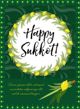 Mutlu Sukkot broşürleri, posterler, davetiyeler. Tasarım tebrik kartı için Sukkot şablonu ve daha fazlası etrog, lulav, Arava, Hadas. Vektör illüstrasyonu.