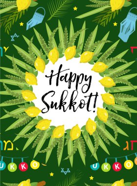 Mutlu Sukkot broşürleri, posterler, davetiyeler. Tasarım tebrik kartı için Sukkot şablonu ve daha fazlası etrog, lulav, Arava, Hadas. Vektör illüstrasyonu.