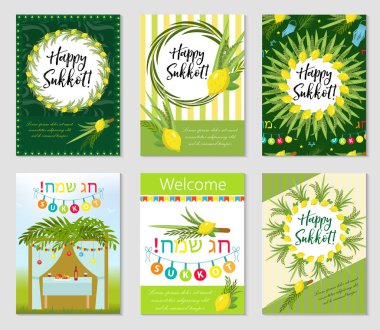 Mutlu Sukkot broşürleri ve posterleri. Tasarım tebrik kartlarınız ve daha fazlası için Sukkot şablon koleksiyonu. Vektör illüstrasyonu.
