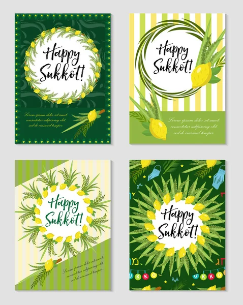 Happy Sukkot serie di volantini o manifesti. Collezione di modelli Sukkot per i tuoi biglietti di auguri di design e altro ancora. Illustrazione vettoriale. — Vettoriale Stock