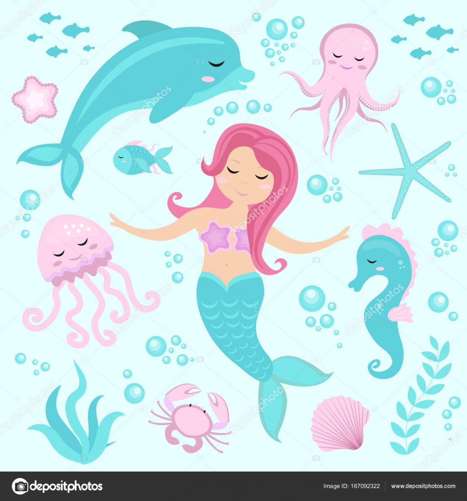 Cute set Little mermaid and underwater world. Fairytale princess mermaid and dolphin, octopus, seahorse, fish, jellyfish. Under water in the sea mythical marine collection. Stock Vector Image by ©Amelie1 #167092322 Cute set Little mermaid and underwater world. Fairytale princess mermaid and dolphin, octopus, seahorse, fish, jellyfish. Under water in the sea mythical marine collection. Stock Vector Image by ©Amelie1 #167092322