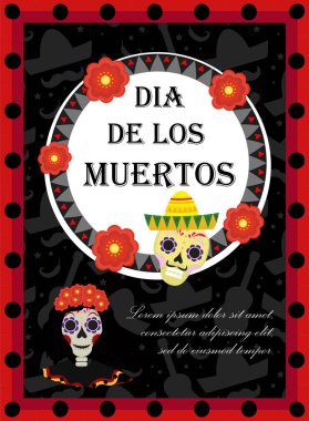 Ölü ilanlar günü, poster, davetiye. Dia de Muertos tasarımı için şablon kartı. Meksika 'da tatil kavramı. Vektör illüstrasyonu.