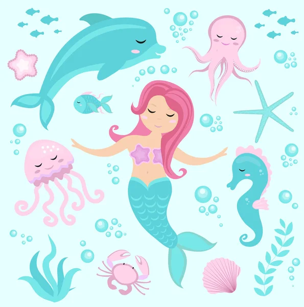 Lindo conjunto Sirenita y mundo submarino. Cuento de hadas princesa sirena y delfín, pulpo, caballitos de mar, peces, medusas. Bajo el agua en el mar mítica colección marina . — Vector de stock