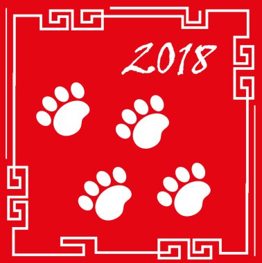 Köpek izleri ile mutlu çene yeni yıl 2018 tebrik kartı paws. Çin yeni yıl tasarım şablonu. Vektör çizim.