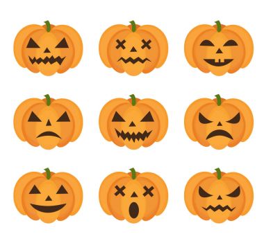Cadılar Bayramı Balkabağı simgesi Emoji ile ayarla. Korkunç ifadeler kabak koleksiyonu. Beyaz arka plan üzerinde izole. Vektör çizim, klip-art.