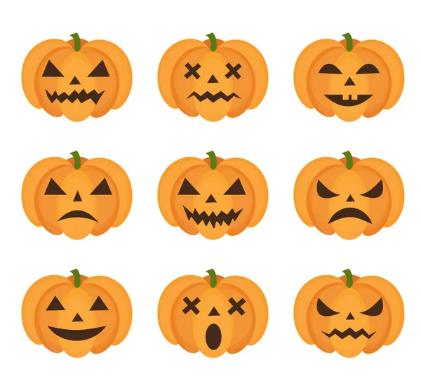 Cadılar Bayramı Balkabağı simgesi Emoji ile ayarla. Korkunç ifadeler kabak koleksiyonu. Beyaz arka plan üzerinde izole. Vektör çizim, klip-art.