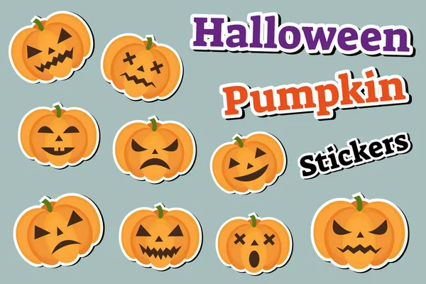 Conjunto de calabazas de Halloween de pegatinas emoji, parches insignias. Emoticones aterradores con calabazas. Ilustración vectorial . — Vector de stock