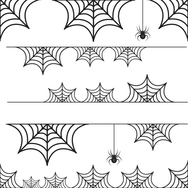 Halloween set of border cobweb with spider. Collection of scary borders. Isolated on white background. Vector illustration. — Stock Vector