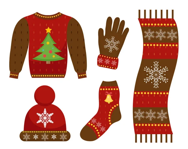 Winterwarme Kleidung, flacher Stil. Weihnachtskleidung, Bekleidungskollektion mit Mustern. Mütze, Schal, Handschuhe, Pullover. Vereinzelt auf weißem Hintergrund. Vektorillustration. — Stockvektor