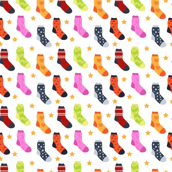 Téli zokni, különböző nyomatok varrat nélküli mintát. Karácsonyi zokni ismétlődő textúrához. Végtelen háttér. Vektoros illusztráció. — Stock Vector