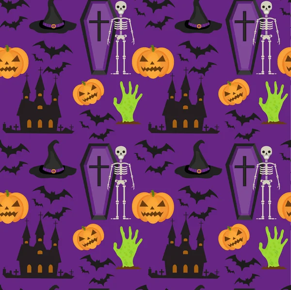 Halloween varrat nélküli mintát. Ismétlődő textúra a koporsó, a kastély, a tök ijesztő. Végtelen háttér. Vektoros illusztráció. — Stock Vector