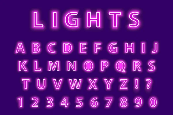 Alphabet néon rose moderne tendance sur fond violet. Fonte LED lettres éclatantes. Numéro luminescent. Illustration vectorielle . — Image vectorielle