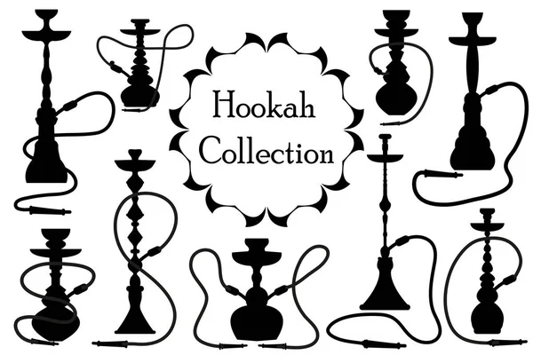 Ikon Hookah mengatur siluet hitam, bergaya garis besar. Arab hookahs koleksi elemen desain, logo. Terisolasi di latar belakang putih. Lounge bar logo konsep. Ilustrasi vektor . - Stok Vektor