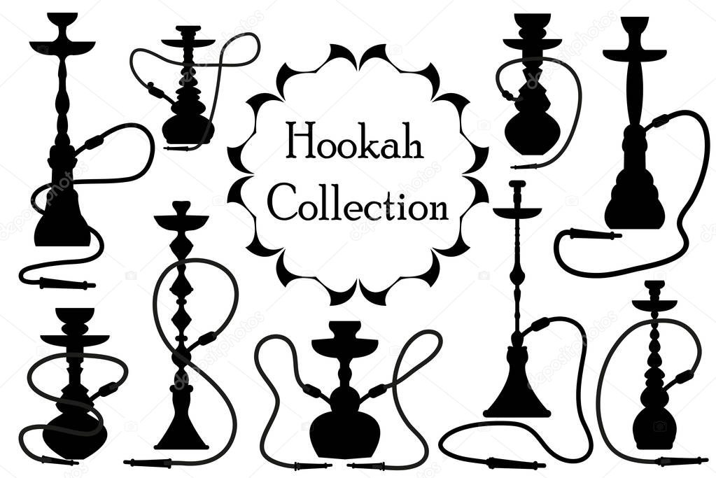 Hookah icon set black silhouette, outline style. Arabic hookahs collection of design elements, logo. Isolated on white background. Lounge bar logos concept. Vector illustration.