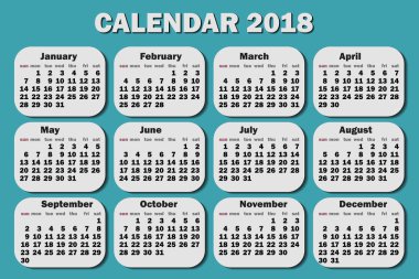 Takvim 2018 yıl. Hafta Pazartesi başlıyor. Yeşil bir arka plan üzerinde tasarım şablonu. Vektör çizim.