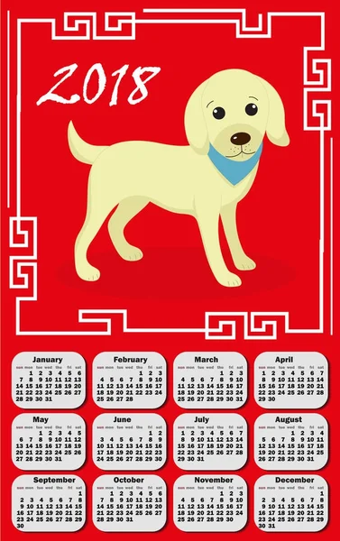 Calendar 2018 in the asia style with dog and Chinese frame. Week starts from monday. Template for your design on a red background. Chinese New Year concept. Vector illustration. — Stock Vector