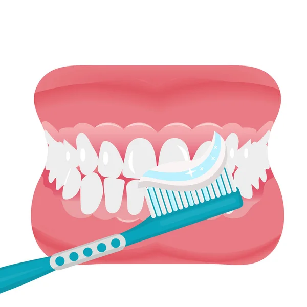 Mandíbula con dientes y cepillo de dientes icono de estilo plano. Abre la boca, dentadura postiza. Odontología, concepto de medicina. Aislado sobre fondo blanco. Ilustración vectorial. — Vector de stock