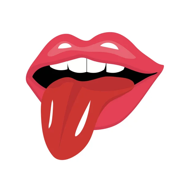 Labbra con icona della lingua in stile piatto. Bocca aperta rossa con lingua che sporge. Isolato su sfondo bianco. Retro, pin-up. Illustrazione vettoriale. — Vettoriale Stock