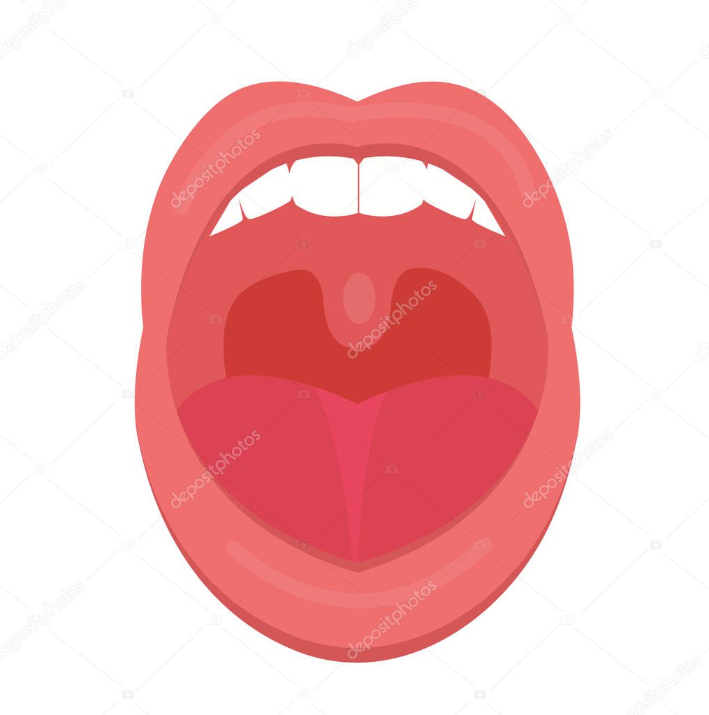 Open mouth icon flat style. Throat, tonsils. Scream. Medicine treatment concept. Vector illustration.