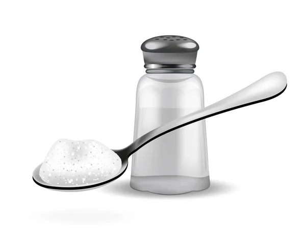 Pengocok garam 3d yang realistis dan sendok dengan garam. Terisolasi di latar belakang putih. Botol kaca untuk rempah-rempah. Bahan-bahan untuk konsep memasak. Ilustrasi vektor. - Stok Vektor
