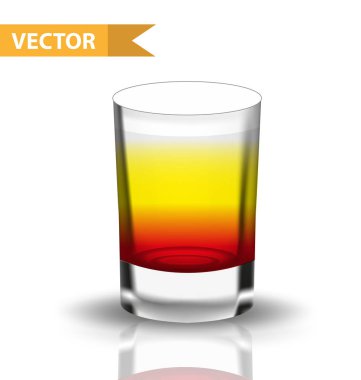 Gerçekçi shot kokteylleri. Barlar, restoranlar için içkilerle 3D shot. Cam bardak likörü. Beyaz arka planda izole edilmiş. Vektör illüstrasyonu.