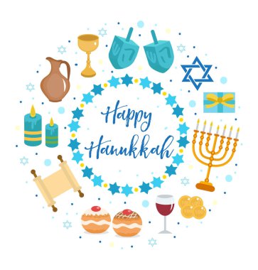 Yuvarlak şekilli Hanuka ikonları setin kutlu olsun, tebrik kartı. Tasarımın için şablon. Beyaz arka planda izole edilmiş. Yahudi bayramı. Vektör illüstrasyonu.