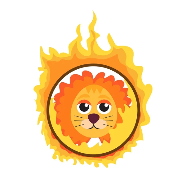 Лев, прыгающий через огненное кольцо в плоском стиле иконы цирка, изолированный на белом фоне. Векторная иллюстрация. — стоковый вектор