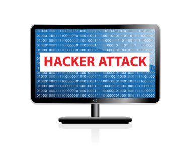 Bilgisayar hack sistemi simgesi. İkili kod ve hacker saldırısıyla izleyeceğiz. Beyaz arka planda izole edilmiş. Vektör illüstrasyonu.