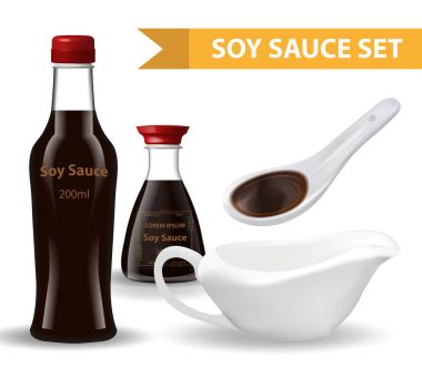 Soya sosu ayarla şişe, beyaz Seramik kaşık, sauceboat. 3D gerçekçi tarzı. Asya mutfağı. Beyaz arka plan üzerinde izole. Ürün tasarım mock-up. Vektör çizim.