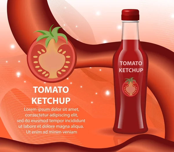 Tomatenketchup in einer Glasflasche, 3D realistischer Stil. Paprika- rote Sauce, Chili. Mock-up für Ihr Produktdesign. Vektorillustration. — Stockvektor