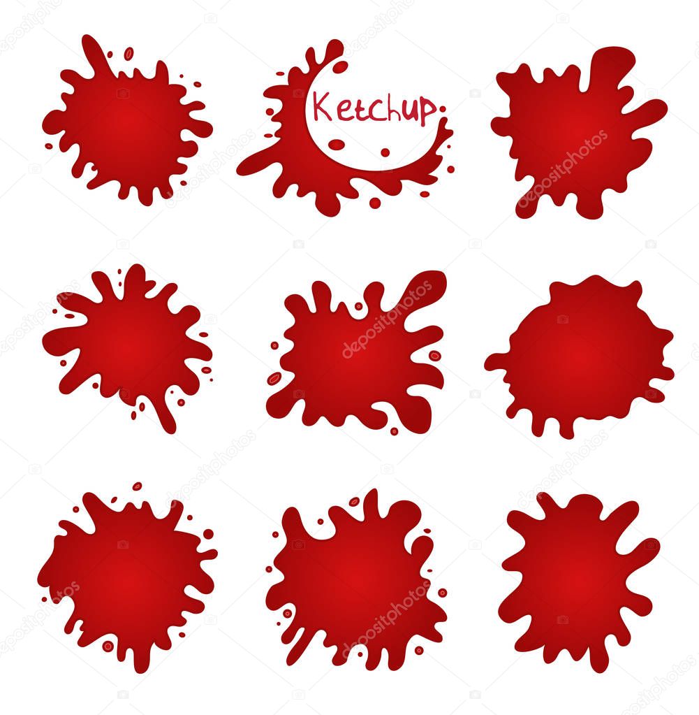 Splashes of tomato, stains and drops of ketchup. Tomato paste, juice spray. Red blots, isolated on white background. Vector illustration.