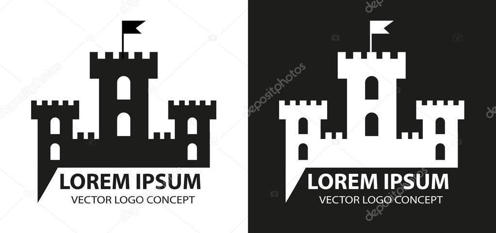 Fortress icon, logo element. Citadel silhouette. Tower or castle isolated on white background. Vector illustration