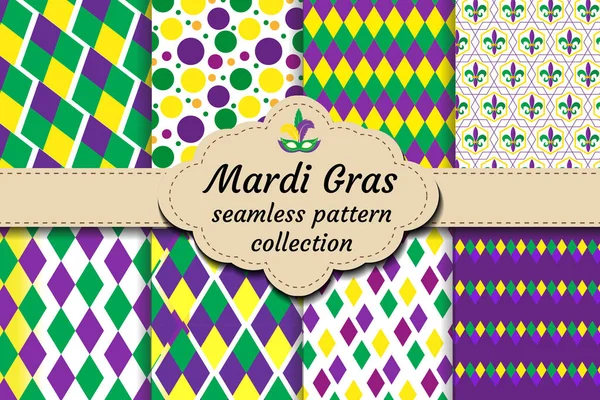 Mardi Gras soubor abstraktní geometrický vzor. Kolekce Fialová, žlutá, zelená kosočtvercová textura. Nekonečné pozadí, tapety, pozadí. Vektorová ilustrace. — Stockový vektor