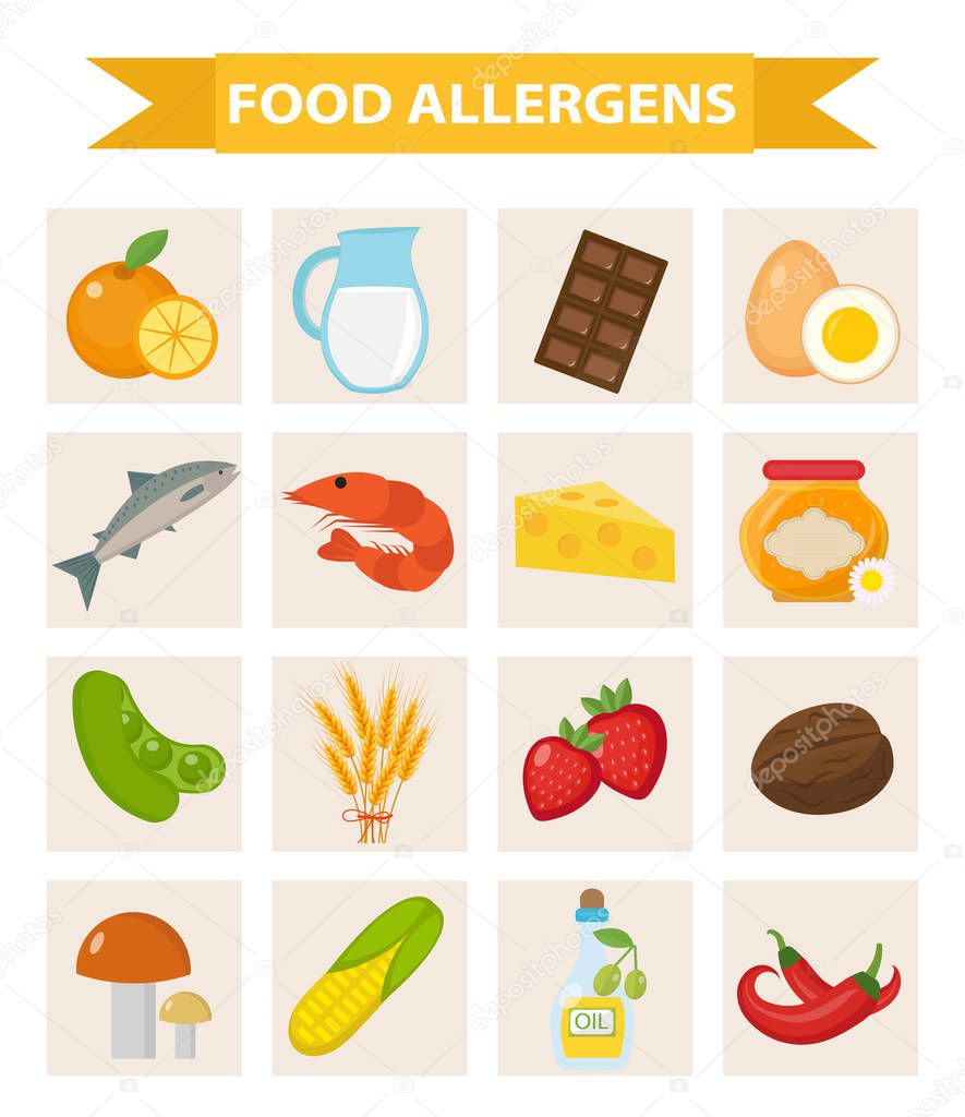 Food allergen icon set flat style. Allergy products, meal allergies. Isolated on white background. Vector illustration.
