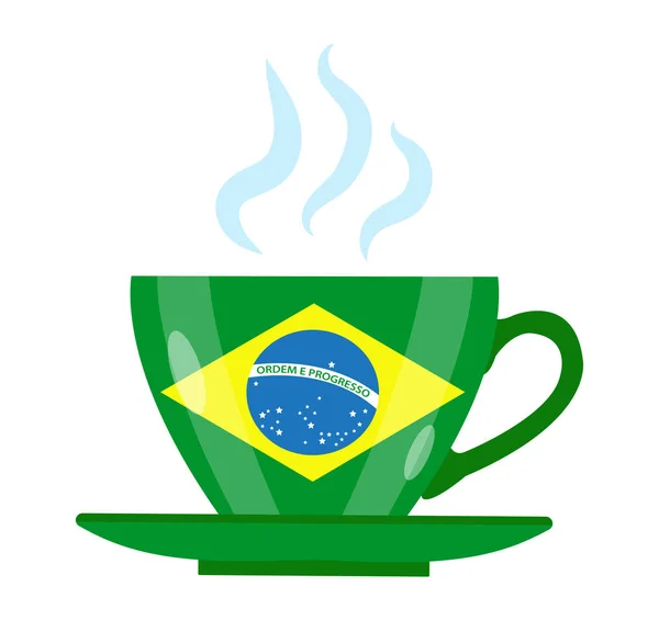 Ícone de café brasileiro estilo plano. Taça verde com a bandeira do Brasil. Isolado em fundo branco. Ilustração vetorial. —  Vetores de Stock