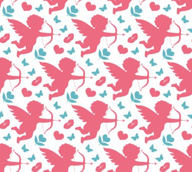 Mutlu Sevgililer günü seamless modeli. Sevimli romantik aşk sonsuz arka plan. Aşk tanrısı, doku yinelenen kalp. Vektör çizim.