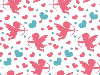 Mutlu Sevgililer günü seamless modeli. Sevimli romantik aşk sonsuz arka plan. Aşk tanrısı, doku yinelenen kalp. Vektör çizim.
