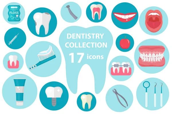 Zestaw ikon stomatologiczne, płaski. Zestaw Stomatologia na białym tle. Stomatologii Kolekcja elementów projektu. Ilustracja wektorowa, clipart. — Wektor stockowy