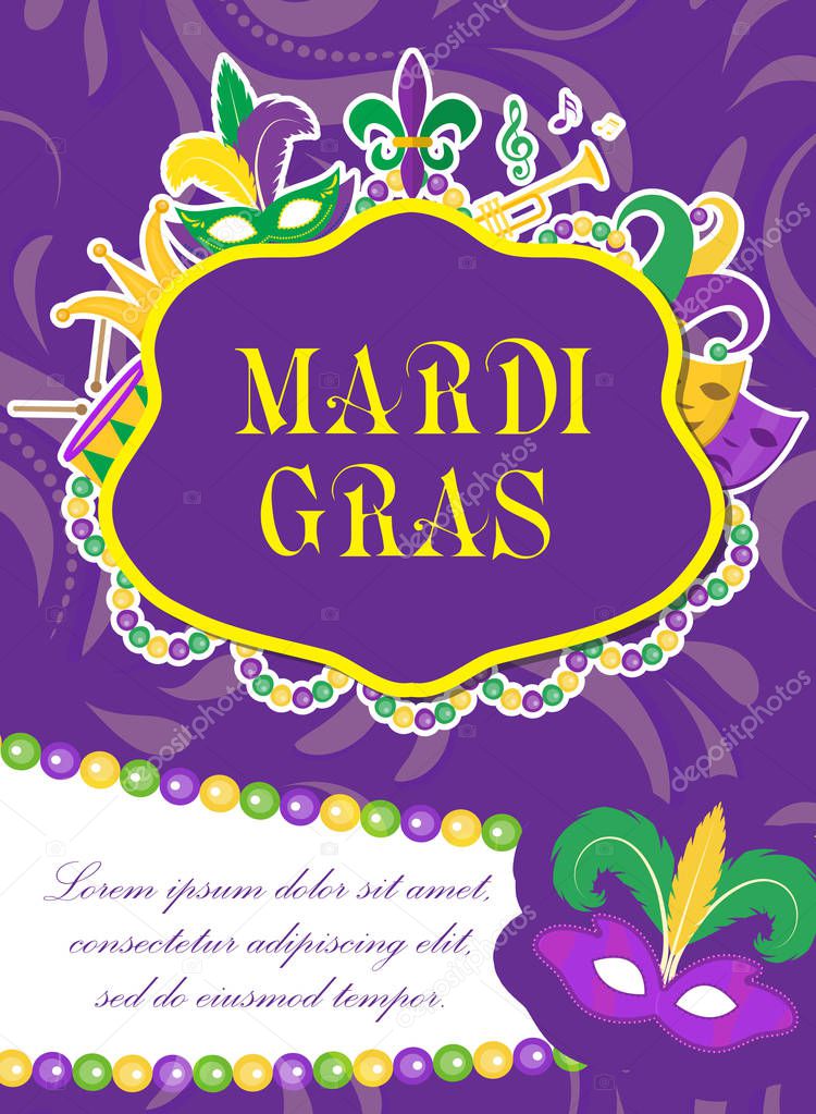 Mardi Gras carnival poster, invitation, greeting card. Happy Mardi Gras Template for your design with mask feathers, beads. Holiday in New Orleans. Fat Tuesday background. Vector illustration.