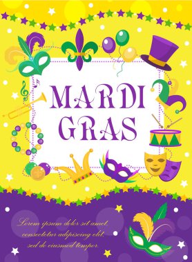 Mardi Gras karnaval posteri, davetiye, tebrik kartı. Maskeli ve boncuklu tasarımın için mutlu Mardi Gras Şablonu. New Orleans 'ta tatil. Şişman Salı geçmişi. Vektör illüstrasyonu.