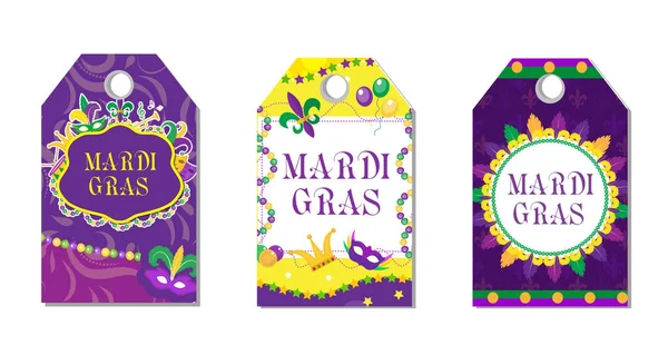 Mardi Gras karnevalové štítky nastaveny. Kolekce etiket s péřovou maskou, vroubkováním, korálky. Dovolená v New Orleans. Tlusté úterý šablony pozadí pro váš design. Vektorová ilustrace. — Stockový vektor